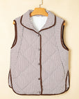 Stripe Contrast Trim Snap Button Collared Vest