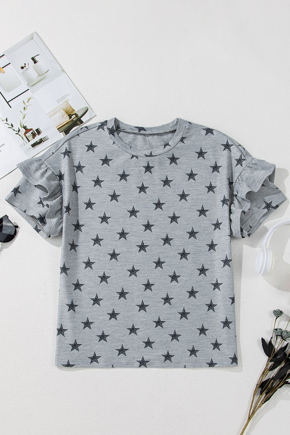 Joelle Star Ruffled Sleeve Crew Neck Top