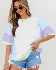 Colorblock Patchwork 3/4 Sleeve Chest Pocket T-Shirt