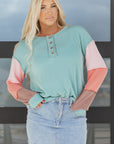 Colorblock Corded Knit Long Sleeve Henley Top