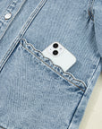 Solid Denim Scallop Collar Patch Pocket Buttoned Jacket