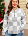 Plus Size Checker Buttoned Polo Collar Sweater