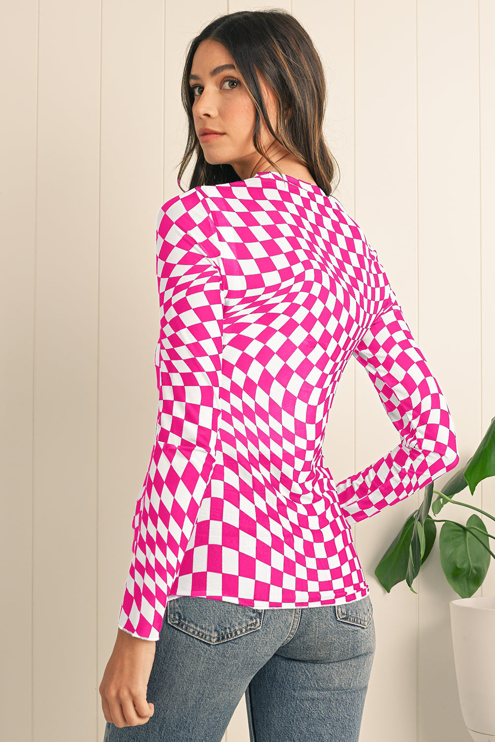 Checkered Pattern Mesh Long Sleeve Top
