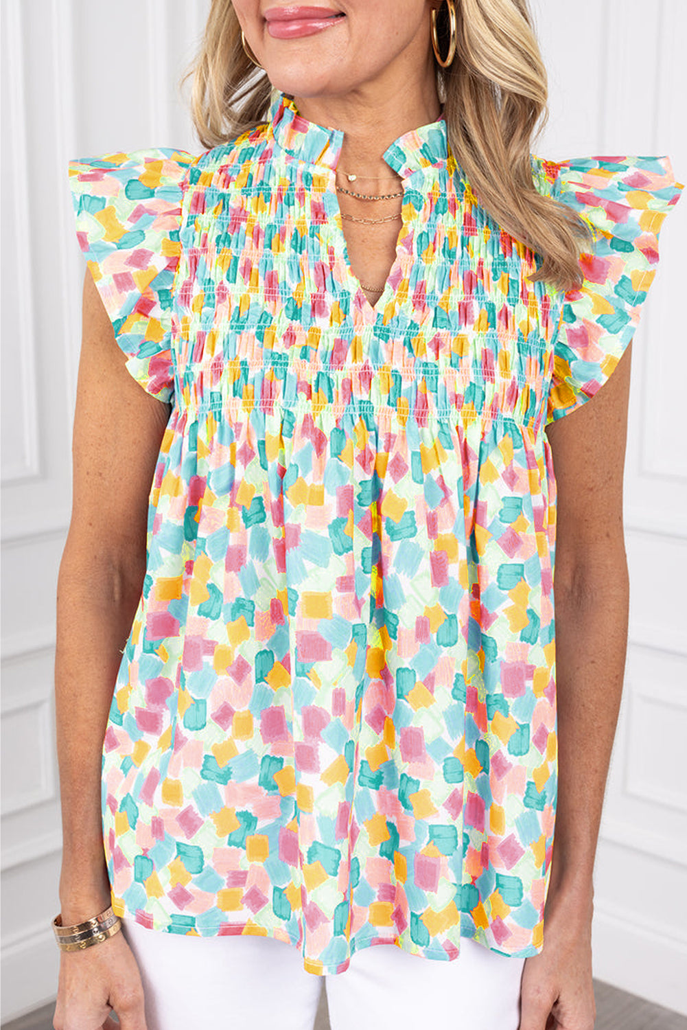 Abstract Shirred Ruffle Sleeve Blouse