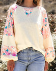 Floral Patchwork Balloon Sleeve Textured Blouse