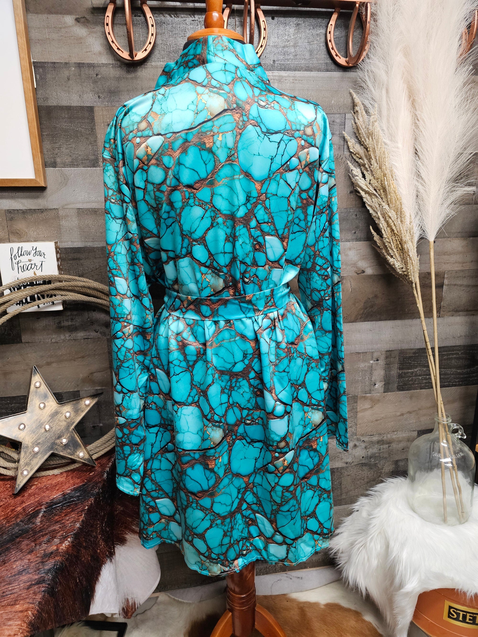 All Turquoise Women&#39;s Long Sleeve Belted Satin Feel Dressing Lounge Robe