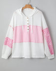 Pink Stripe Leopard Patchwork Waffle Knit Buttoned Plus Size Hoodie