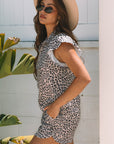 Leopard Half Zipper Collared Ruffled Sleeve Top and Short Set