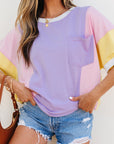 Colorblock Patchwork 3/4 Sleeve Chest Pocket T-Shirt