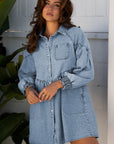 Molly Smocked Cuffs Flared Denim Shirt Mini Dress