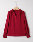 Solid Notched Neck Shirred Cuff Long Sleeve Blouse