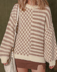 Stripe Checker Balloon Sleeve Sweater