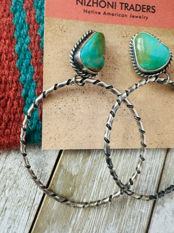 Navajo Turquoise and Sterling Silver Dangle Hoop Earrings