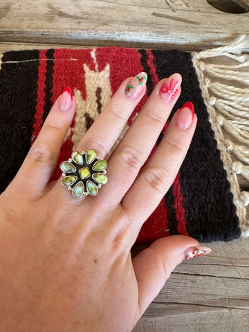 "Stunning Handmade Palomino & Turquoise Sterling Silver Flower Ring"