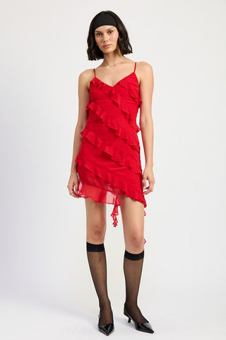 ASYMMETRICAL RUFFLE MINI DRESS