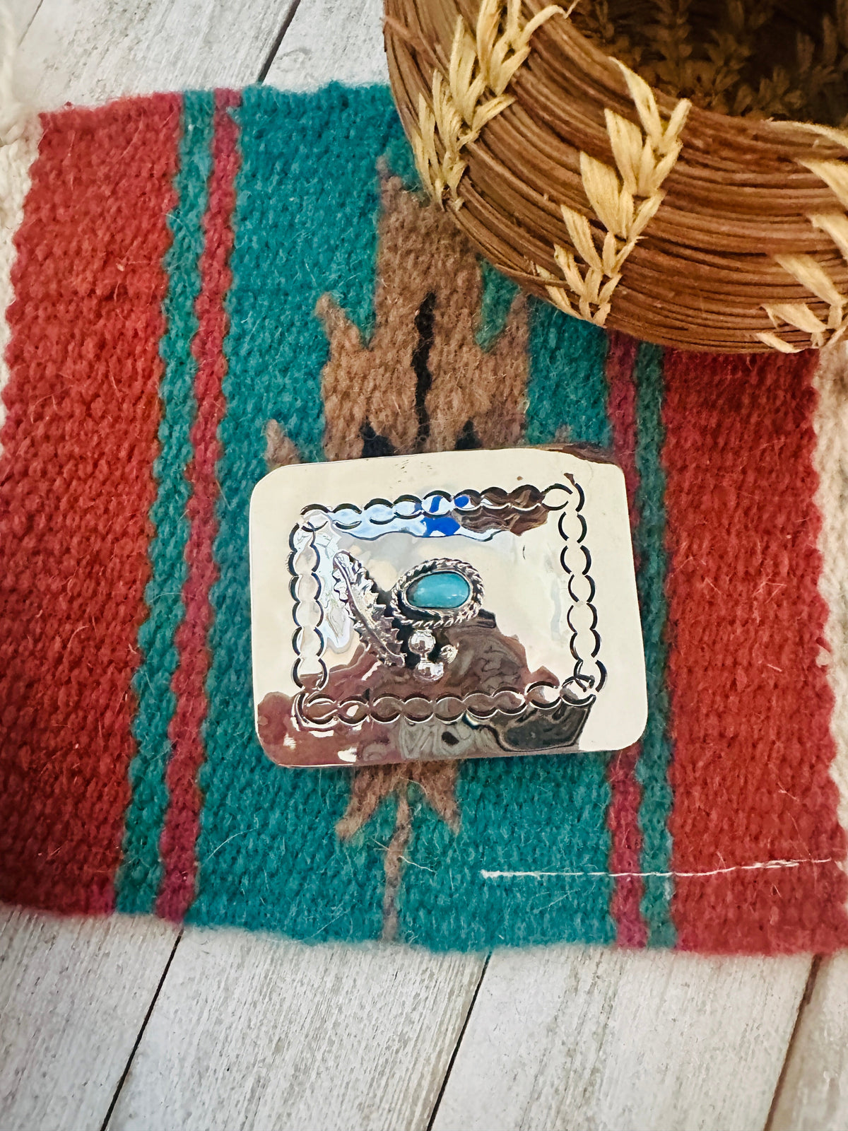 Navajo Turquoise & Hand Stamped Sterling Silver Belt Buckle