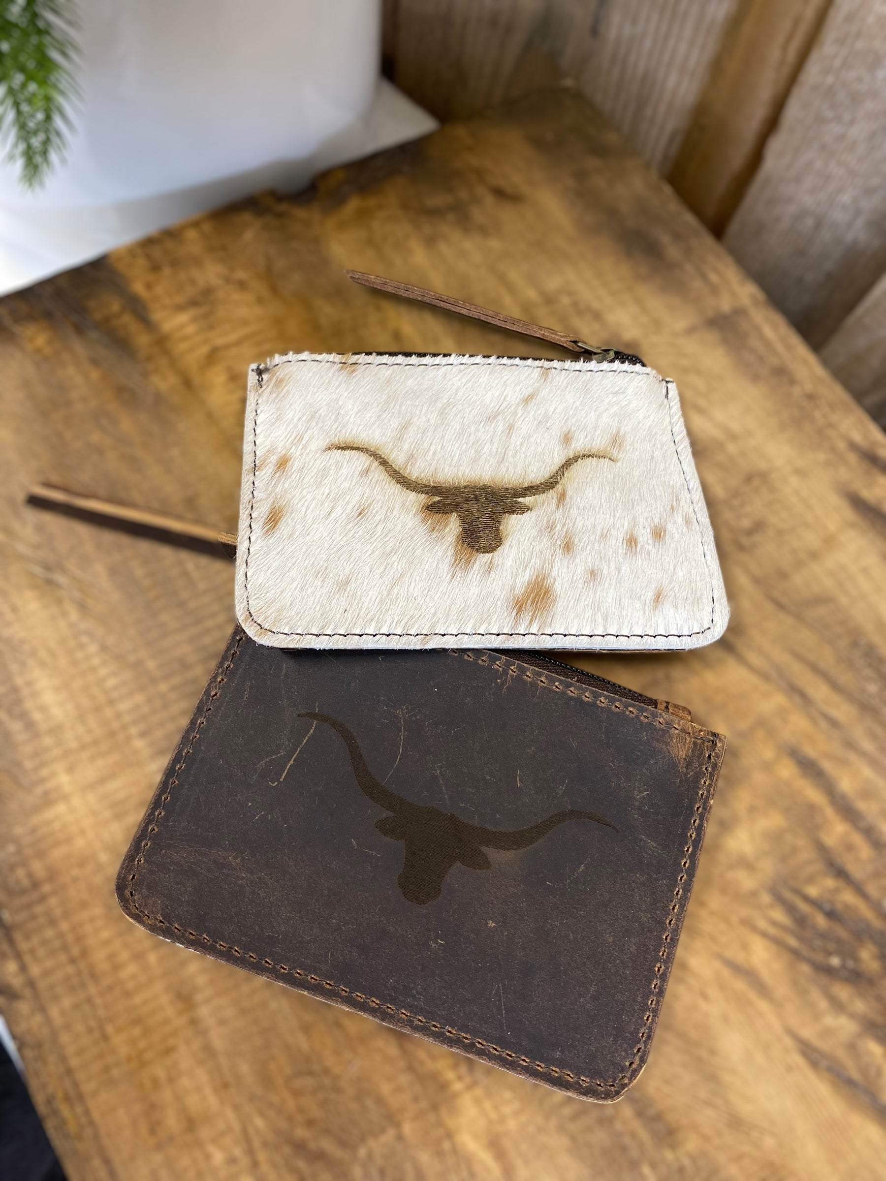 Longhorn Tooled &amp; Cowhide Coin Pouch
