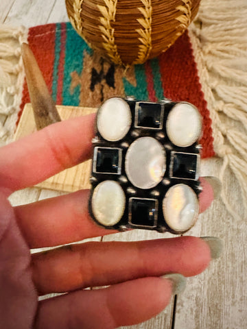 Navajo Sterling Silver, Onyx & Mother of Pearl Cluster Adjustable Ring by Charles Johnson