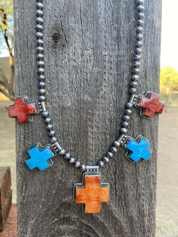 Buffalo Dancer Kingman Turquoise Cross Necklace | Unique Beaded Design