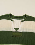 Plus Size Stripe Colorblock Notched Neck Sweater