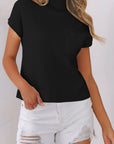 Solid Ribbed Knit Patch Pocket Short Sleeve Sweater