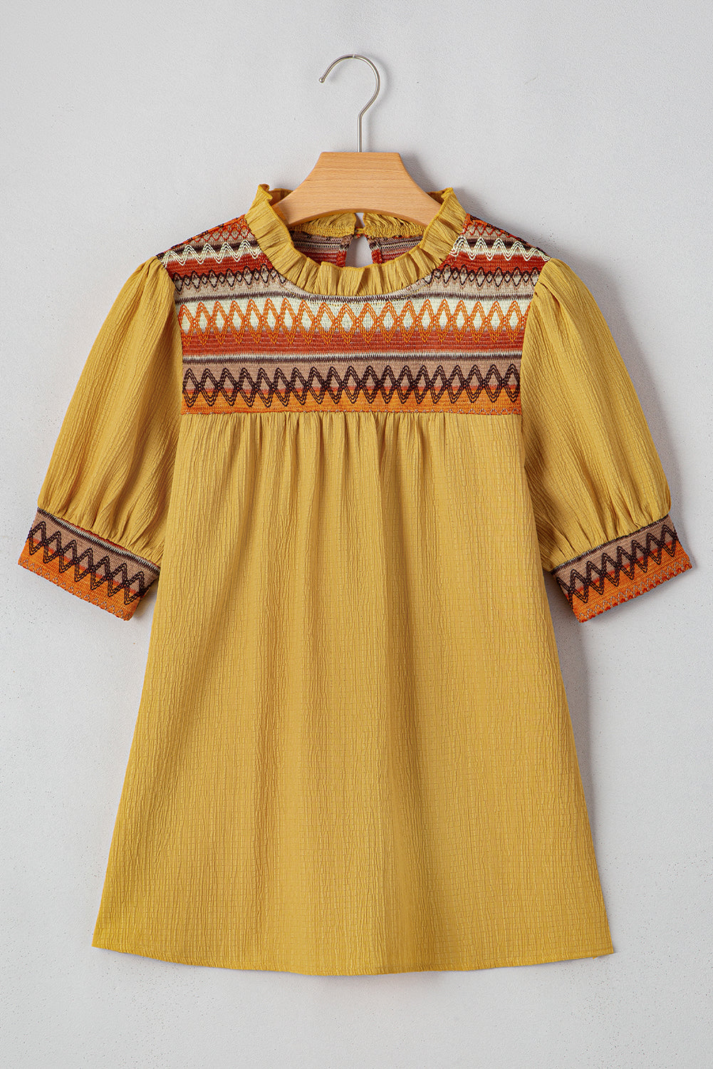 Jazlyn Geometric Short Puff Sleeve Frilled Blouse