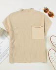 Solid Ribbed Knit Patch Pocket Short Sleeve Sweater