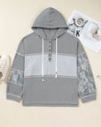 Plus Size Stripe Patchwork Waffle Half-Button Hooded Top