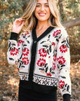 Floral Knit Button-Front V-Neck Cardigan