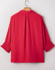Plus Size Solid Collared V-Neck Smocked 3/4 Sleeve Top