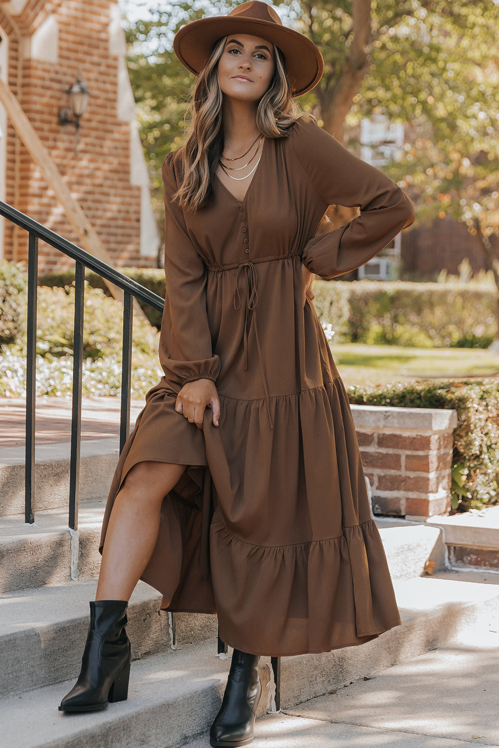 Solid Buttoned V-Neck Long Sleeve Tiered Maxi Dress
