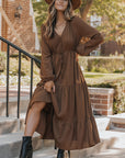 Solid Buttoned V-Neck Long Sleeve Tiered Maxi Dress