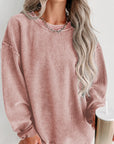 Solid Ribbed Knit Round Neck Pullover Sweatshirt