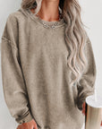 Solid Ribbed Knit Round Neck Pullover Sweatshirt