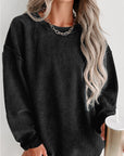 Solid Ribbed Knit Round Neck Pullover Sweatshirt