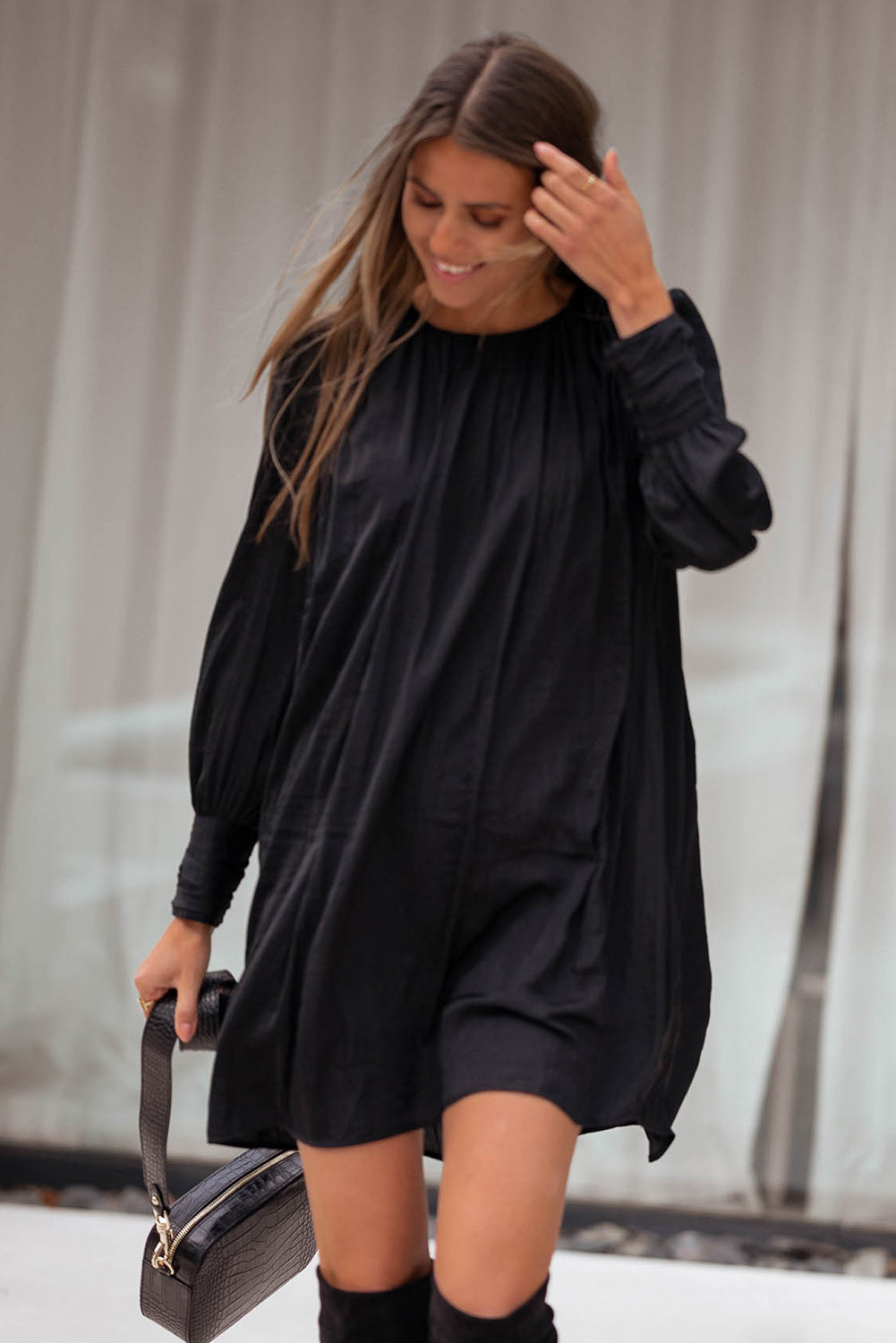 Rowan Solid Bishop Sleeve Pleated Mini Dress