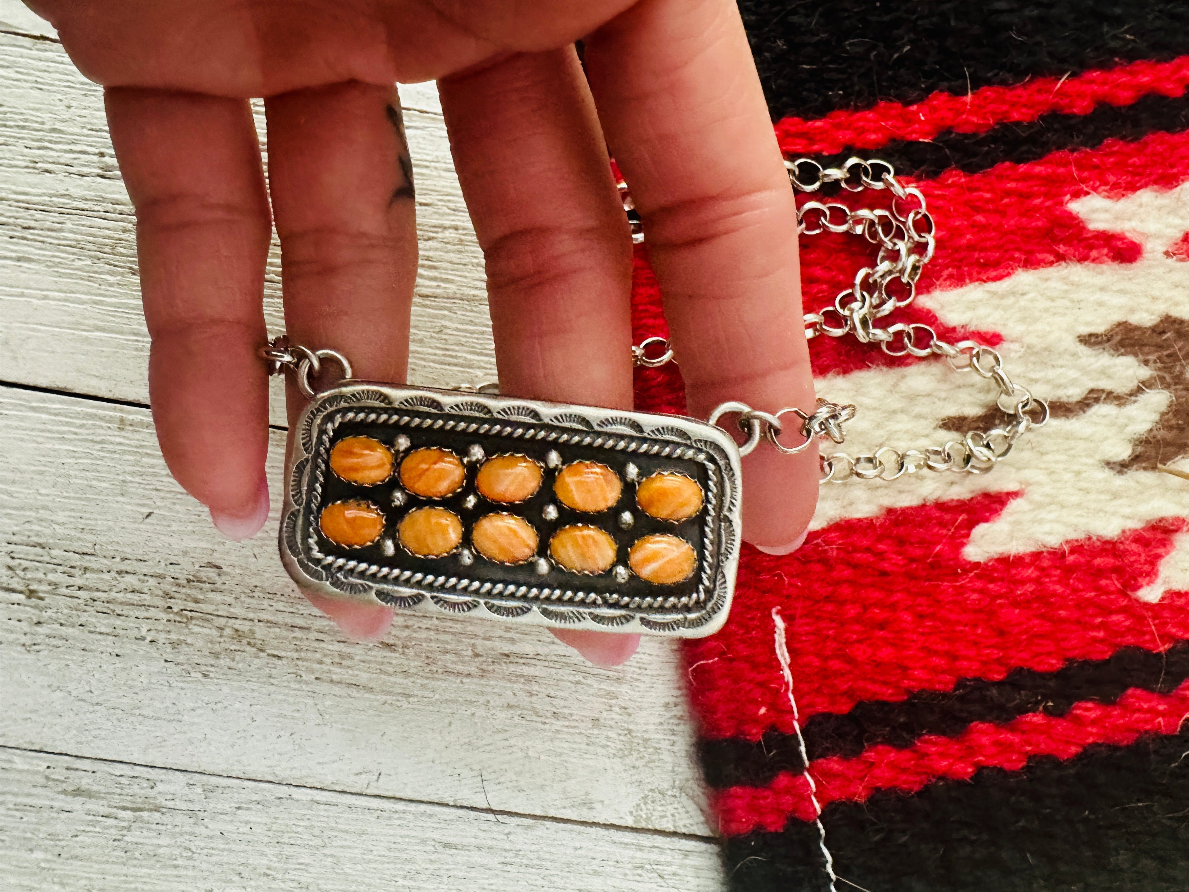 Navajo Sterling Silver & Orange Spiny Bar Necklace