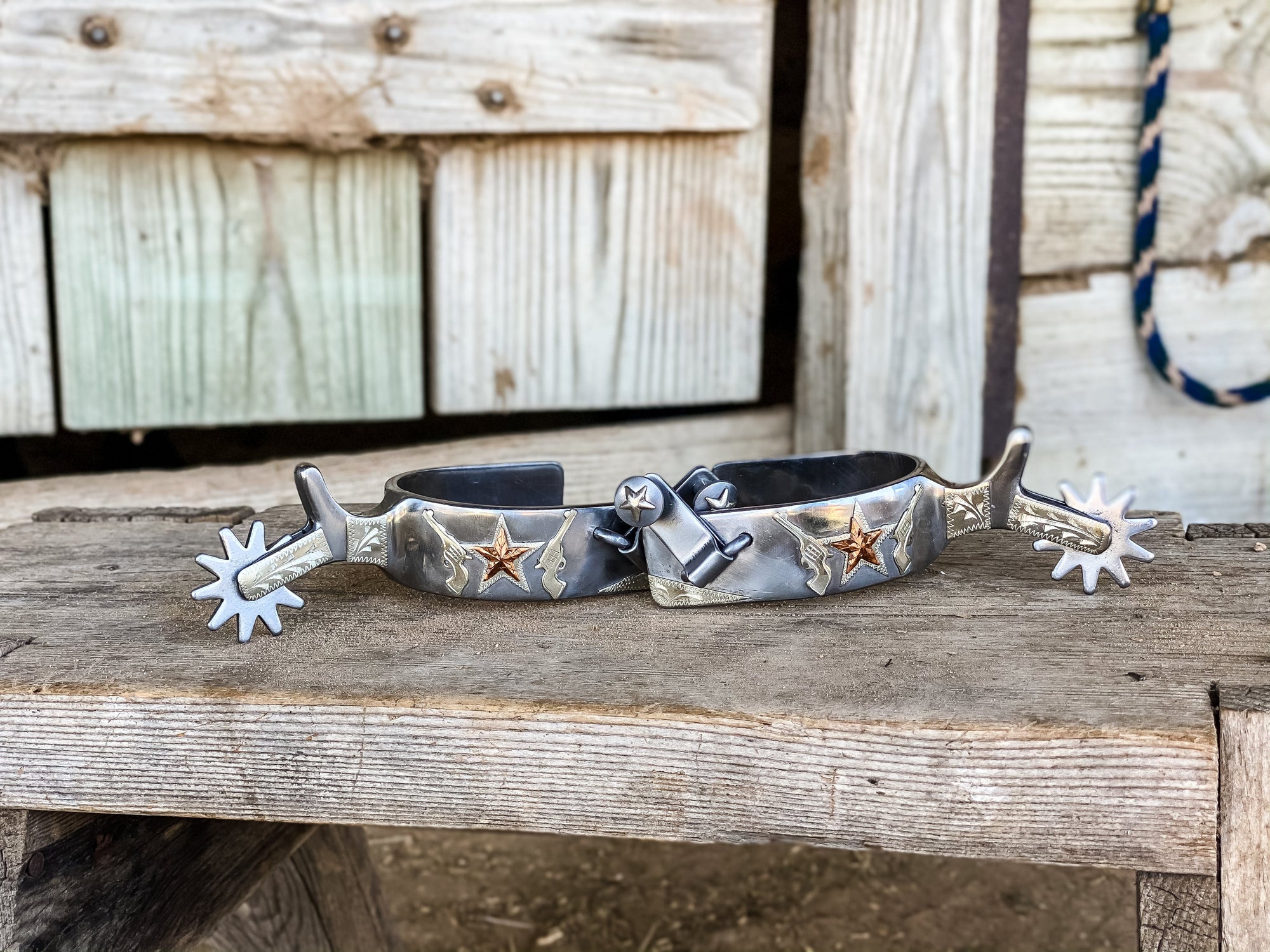 AJ Tack Men&#39;s Stainless Steel Stars and Double Shooter Spurs
