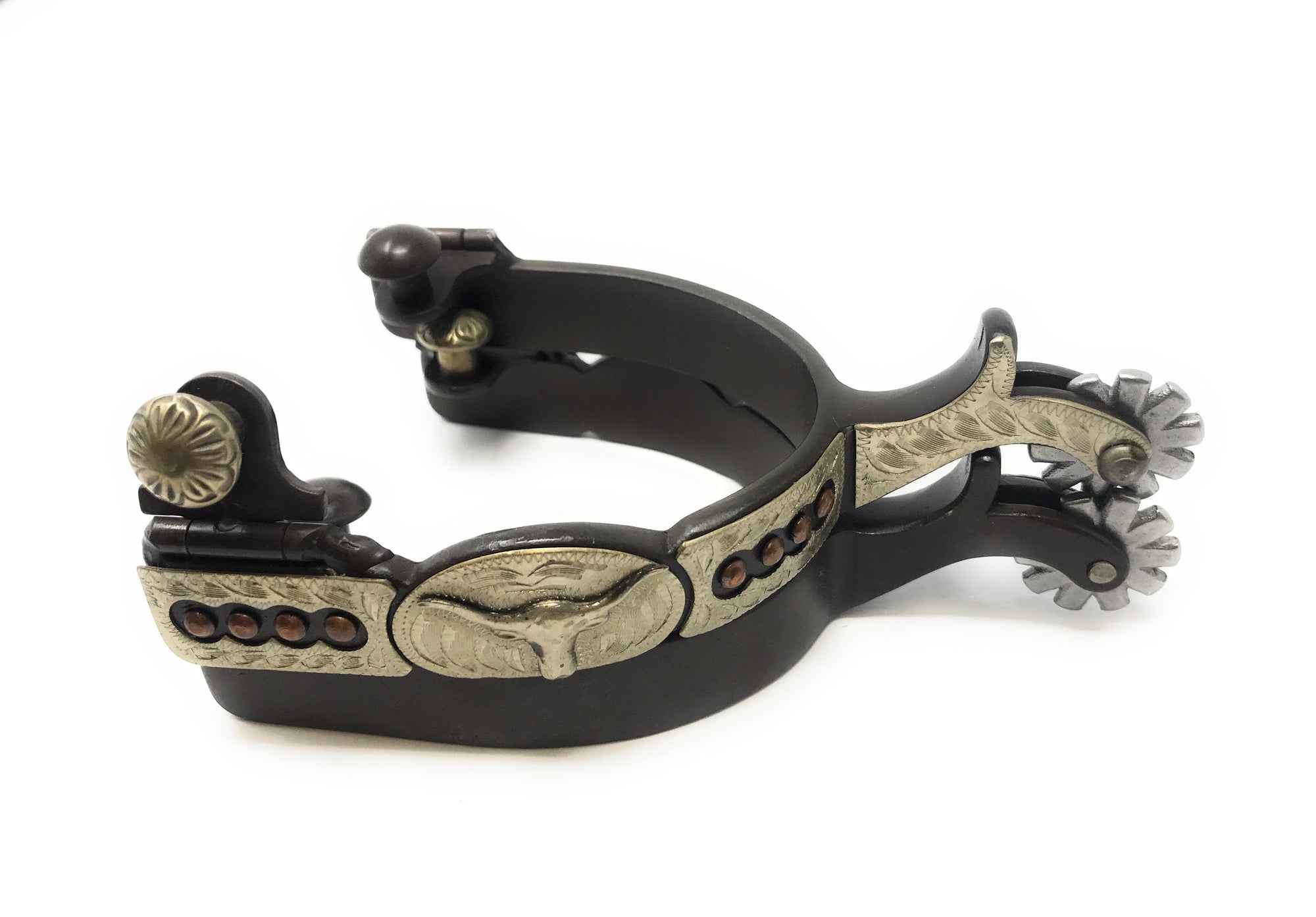 AJ Tack Men&#39;s Antique Brown Longhorn Engraved Spurs