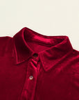 Velvet Button-Up Long Sleeve Ruffle Dress