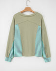 Stripe Patchwork Waffle Knit V-Neck Pullover