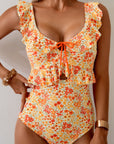 Floral Ruffle Trim Keyhole One-Piece Swimsuit