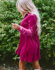 Velvet Button-Up Long Sleeve Ruffle Dress