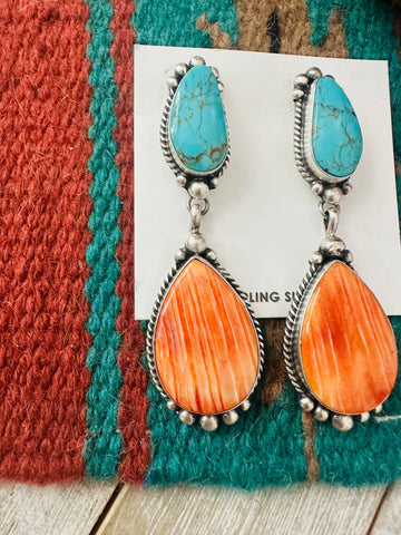 Navajo Orange Spiny, Turquoise and Sterling Silver Dangle Earrings