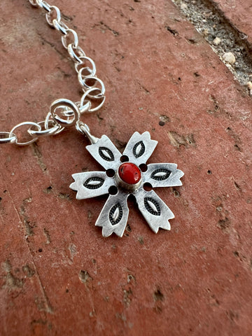 Handmade Sterling Silver and Coral CHRISTMAS SNOWFLAKE Charm