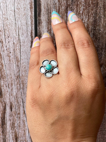 Handmade Adjustable Turquoise Sterling Silver Floral Marigold Ring