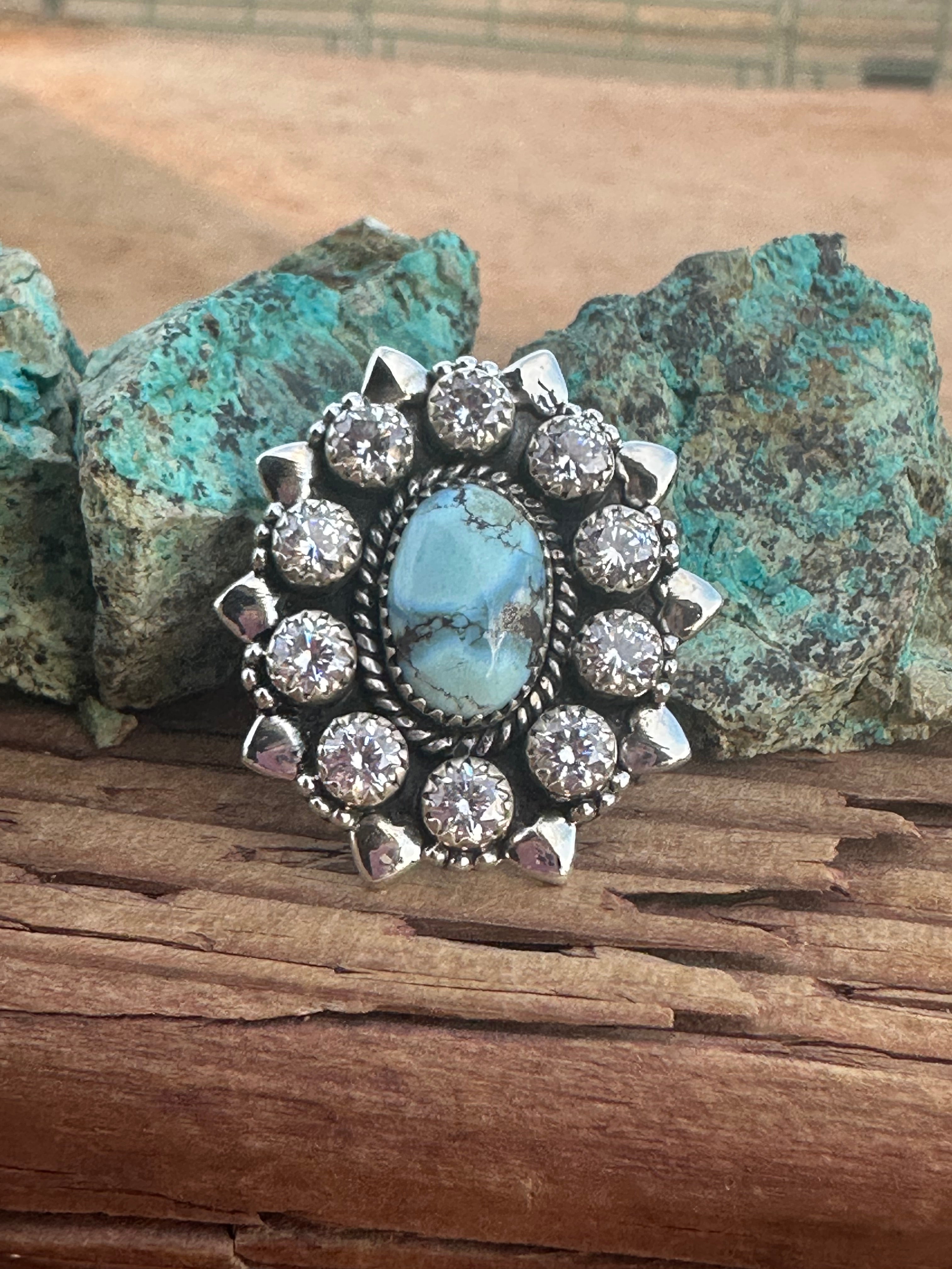 Handmade Golden Hills Turquoise, CZ & Sterling Silver Adjustable Ring Signed Nizhoni