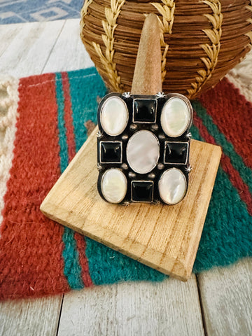 Navajo Sterling Silver, Onyx & Mother of Pearl Cluster Adjustable Ring by Charles Johnson