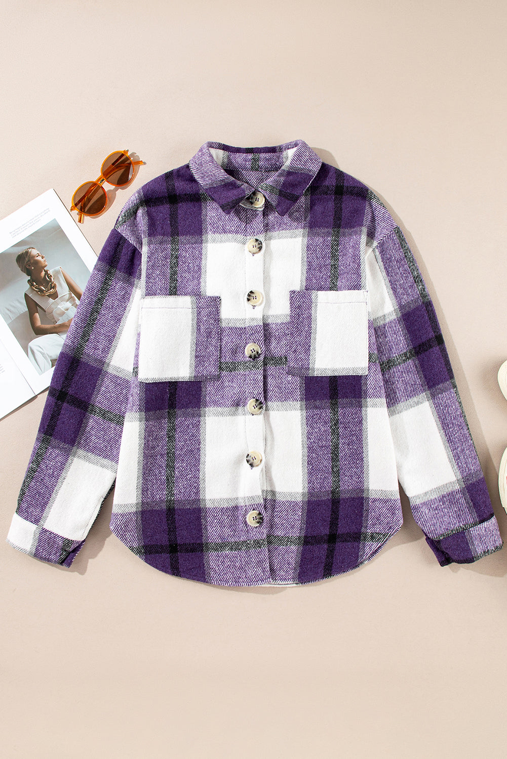 Plaid Button-Up Long Sleeve Pocketed Shacket