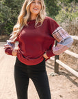 Plaid Patchwork Long Sleeve Raw Seam Sweatshirt